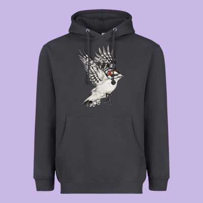 Flying Downy Woodpecker Heavyweight Hoodie Designed By Lillyallendesigns