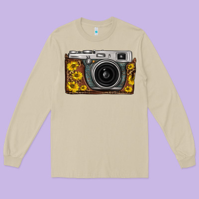 Sunflower Leopard Vintage Camera Long Sleeve Tee Designed By Fadigitalartstudio