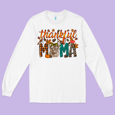 Thankful Mama Highland Cow Long Sleeve Tee Designed By Racoondesign