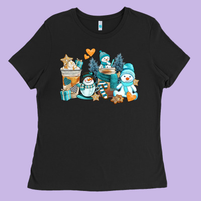 Winter Snowman Coffee Cups Ladies Tee Designed By Adodesignshop