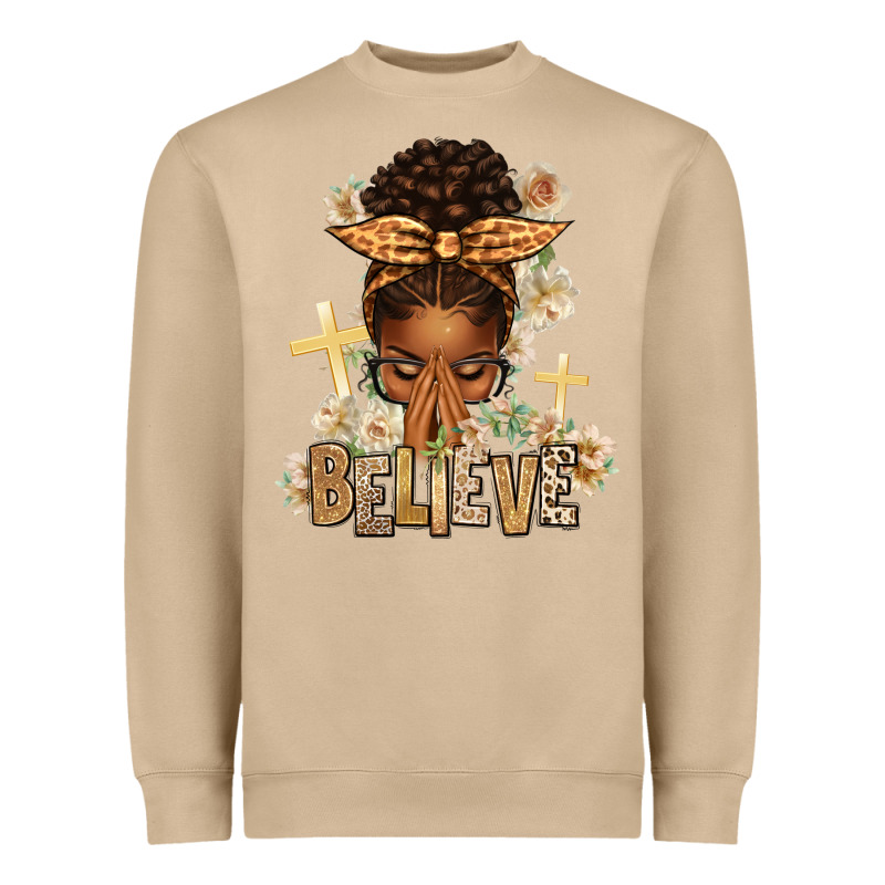 Believe Praying Afro Messy Bun Heavyweight Sweatshirt by texasbilliewilder | Teevron