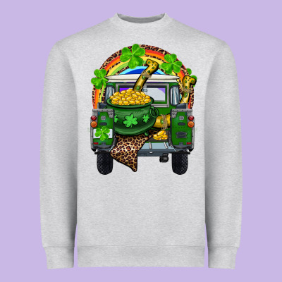 Heavyweight Sweatshirt St Patrick's Day Truck With Pot Of Gold Horseshoe And Rainbow