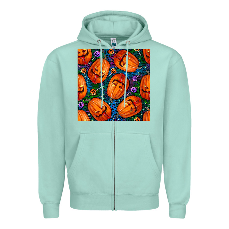 Halloween Pumpkin And Candy Seamless Pattern Zipper Hoodie by BundleAndBundleShop | Teevron