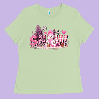 Pink Snowman And Snow Ladies Tee Designed By Adodesignshop