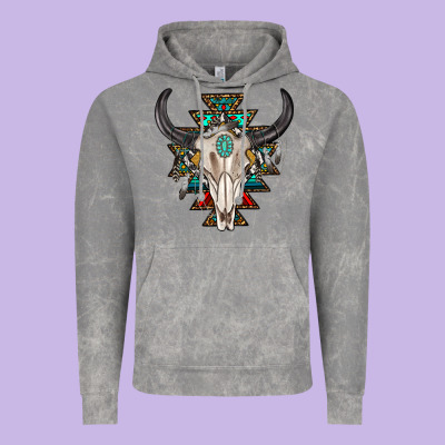 Western Aztec Bull Skull With Gemstone Vintage Hoodie Designed By Texasbilliewilder