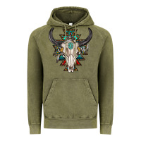Vintage Olive western aztec bull skull with gemstone Vintage Hoodie - texasbilliewilder