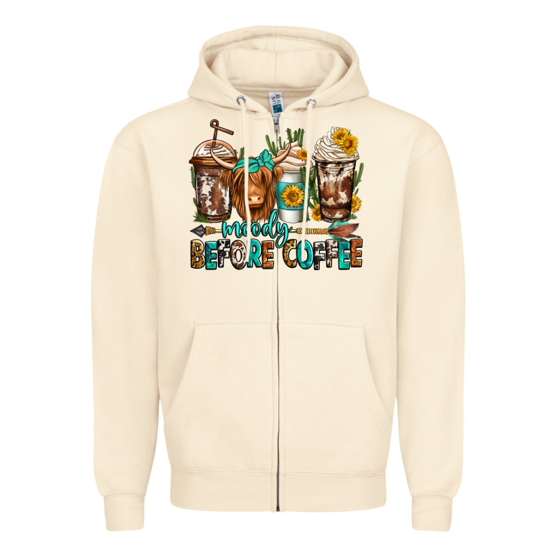 Moody Before Coffee Longhaired Cow Coffee Zipper Hoodie by Jasminsmagicworld | Teevron