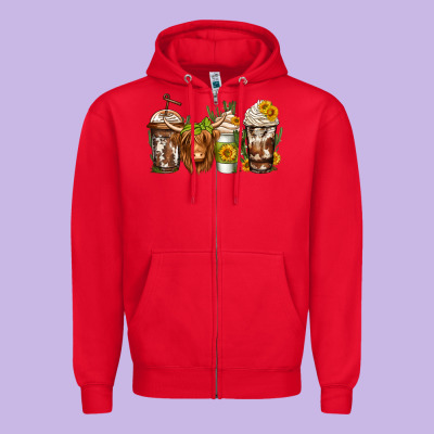 Longhaired Cow Coffee Zipper Hoodie Designed By Jasminsmagicworld