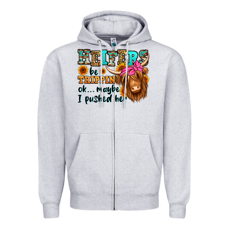 Heifers Be Trippin Ok Maybe I Pushed Her Long Hair Zipper Hoodie by Jasminsmagicworld | Teevron