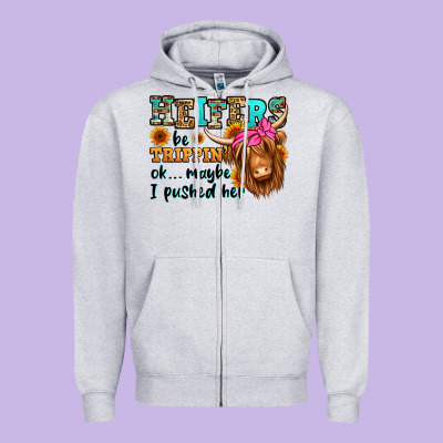 Heifers Be Trippin Ok Maybe I Pushed Her Long Hair Zipper Hoodie Designed By Jasminsmagicworld