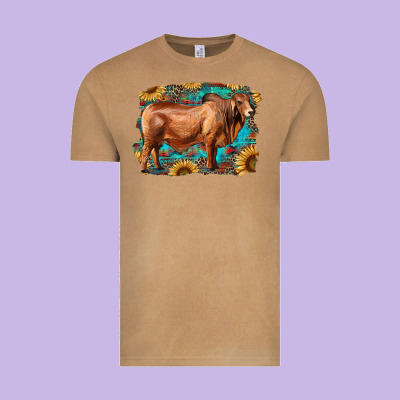 Brahman Bull With Aztec Sunflower And Leopard Background Vintage Tee Designed By Ranaportraitstore