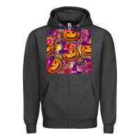 Charcoal Heather halloween witchy pumpkin seamless pattern Zipper Hoodie - BundleAndBundleShop