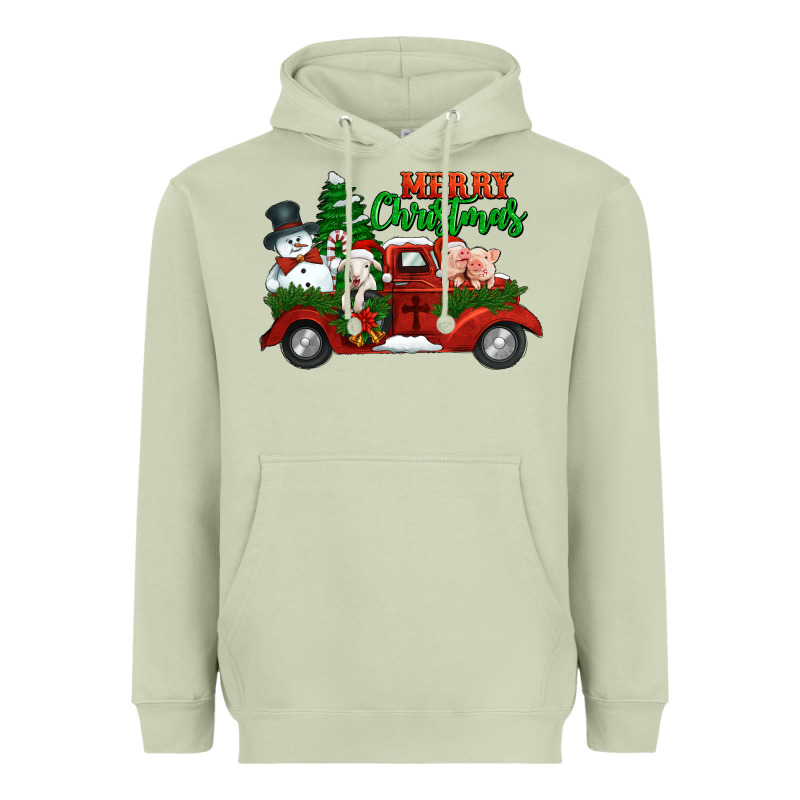 Merry Christmas Snowman And Farm Animals Truck Heavyweight Hoodie by Jasminsmagicworld | Teevron