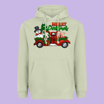 Merry Christmas Snowman And Farm Animals Truck Heavyweight Hoodie Designed By Jasminsmagicworld