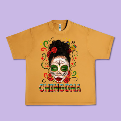 Mexicana Skull Girl Messy Bun Urban Heavy Tee Designed By Texasbilliewilder