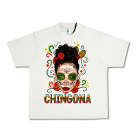 Pistachio Mexicana Skull Girl Messy Bun Urban Heavy Tee - texasbilliewilder