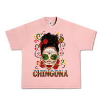 Salmon Mexicana Skull Girl Messy Bun Urban Heavy Tee - texasbilliewilder