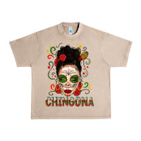 French Oak Mexicana Skull Girl Messy Bun Urban Heavy Tee - texasbilliewilder