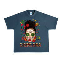 Midnight Navy Mexicana Skull Girl Messy Bun Urban Heavy Tee - texasbilliewilder