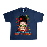 Navy Mexicana Skull Girl Messy Bun Urban Heavy Tee - texasbilliewilder