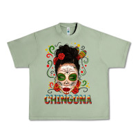 Oil Green Mexicana Skull Girl Messy Bun Urban Heavy Tee - texasbilliewilder