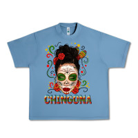 Pebble Blue Mexicana Skull Girl Messy Bun Urban Heavy Tee - texasbilliewilder