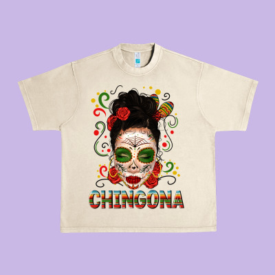 Mexicana Skull Girl Messy Bun Urban Heavy Tee Designed By Texasbilliewilder