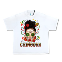 White Mexicana Skull Girl Messy Bun Urban Heavy Tee - texasbilliewilder