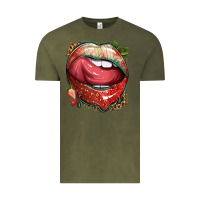 Vintage Olive strawberry lips with leopard Vintage Tee - texasbilliewilder