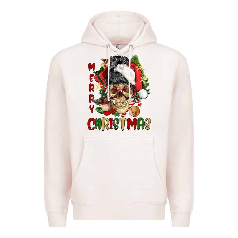 Merry Christmas Skeleton Messy Bun Premium Hoodie by NancyCooperArtShop | Teevron