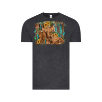 Vintage Black highland cow family cattle and calf with sunflower and turquoise backg Vintage Tee - RanaPortraitStore