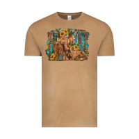 Vintage Camel highland cow family cattle and calf with sunflower and turquoise backg Vintage Tee - RanaPortraitStore