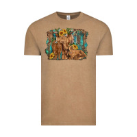 Vintage Coffee highland cow family cattle and calf with sunflower and turquoise backg Vintage Tee - RanaPortraitStore