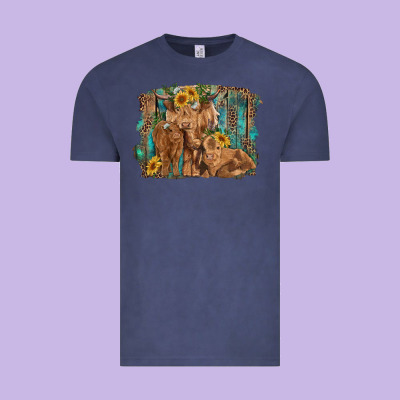 Highland Cow Family Cattle And Calf With Sunflower And Turquoise Backg Vintage Tee Designed By Ranaportraitstore