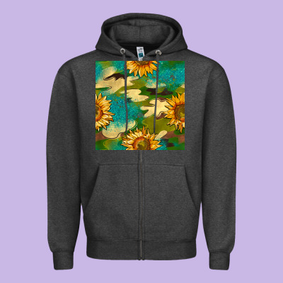 Camouflage Turquoise Glitter Sunflowers Seamless Pattern Zipper Hoodie Designed By Bundleandbundleshop