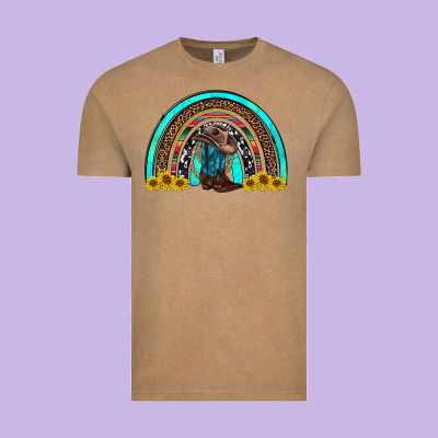 Western Cowboy Boots Sunflowers Rainbow Vintage Tee Designed By Ranaportraitstore