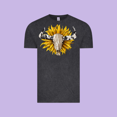 Cowhide Bull Skull And Sunflower Vintage Tee Designed By Barkaloodesign
