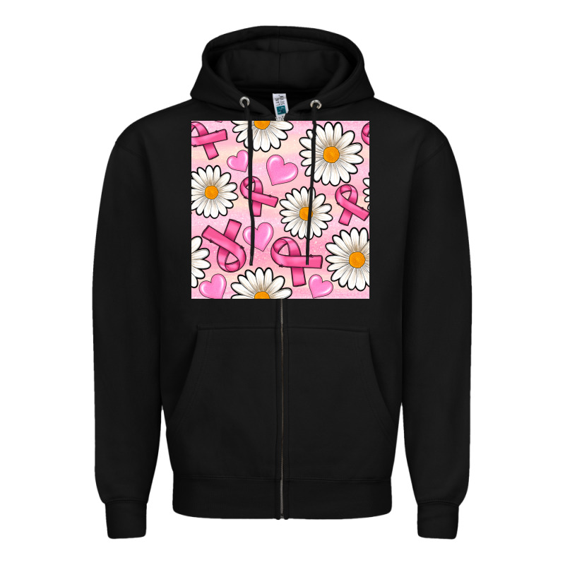Breast Cancer Awareness With Daisy And Heart Seamless Pattern Zipper Hoodie by BundleAndBundleShop | Teevron