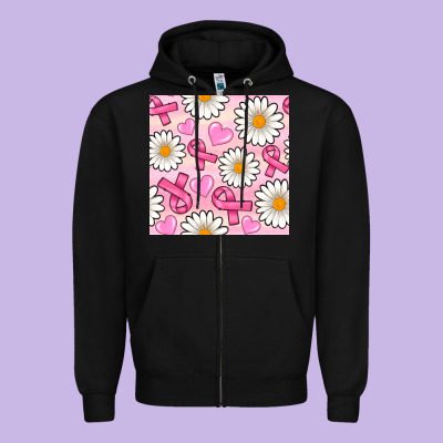 Breast Cancer Awareness With Daisy And Heart Seamless Pattern Zipper Hoodie Designed By Bundleandbundleshop