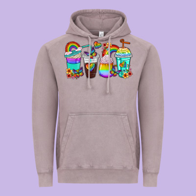 Rainbow Coffee Cups Vintage Hoodie Designed By Texasbilliewilder