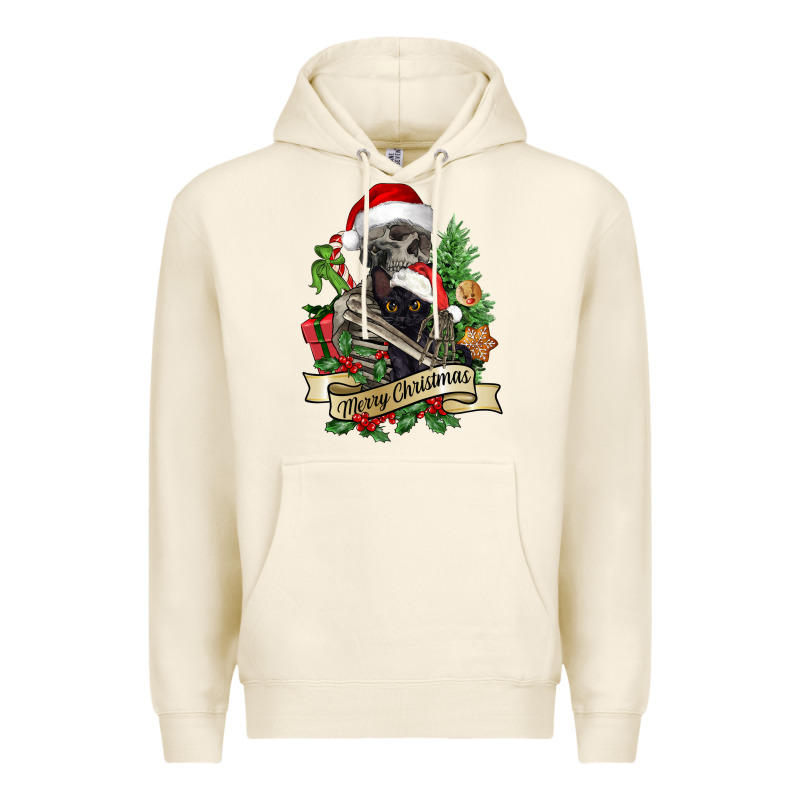 Merry Christmas Skeleton With Black Cat Premium Hoodie by NancyCooperArtShop | Teevron