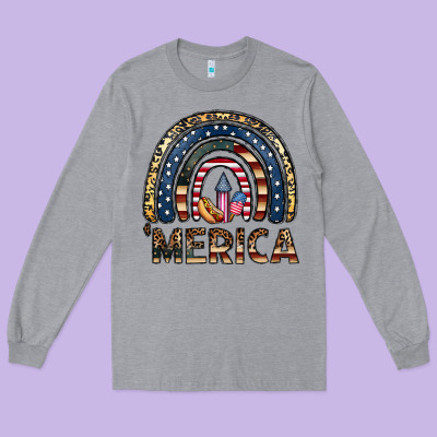 Merica Rainbow Long Sleeve Tee Designed By Cowhidedigitalart