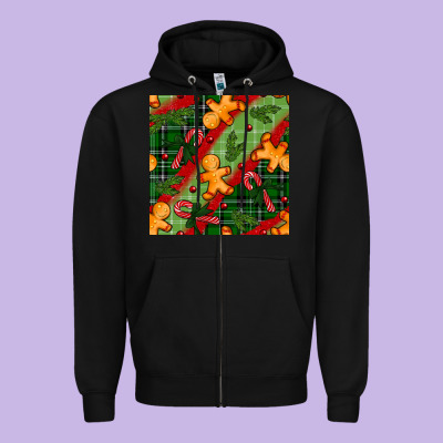 Christmas Gingerbread Man And Candy Cane Seamless Pattern Zipper Hoodie Designed By Bundleandbundleshop