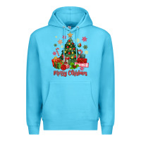 Ocean Blue merry christmas tree with gift box Premium Hoodie - MaliasSmallBusiness
