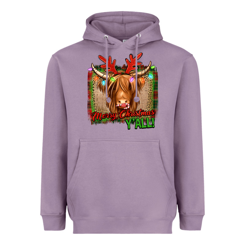 Merry Christmas Y'all Highland Cow Heavyweight Hoodie by Jasminsmagicworld | Teevron