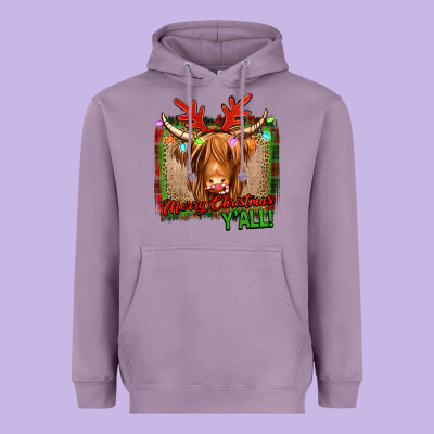 Merry Christmas Y'all Highland Cow Heavyweight Hoodie Designed By Jasminsmagicworld