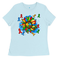 Baby Blue autism sunflower ribbon Ladies Tee - AdoDesignShop
