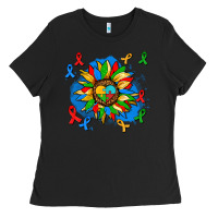 Black autism sunflower ribbon Ladies Tee - AdoDesignShop