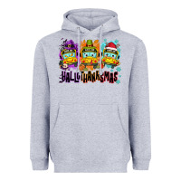 Heather Grey Happy Hallothanksmas school bus Heavyweight Hoodie - NancyCooperArtShop