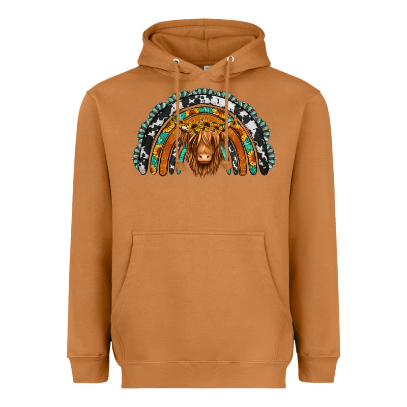 Turquoise Cowhide Sunflower Headband Highland Cow Heavyweight Hoodie by Jasminsmagicworld | Teevron